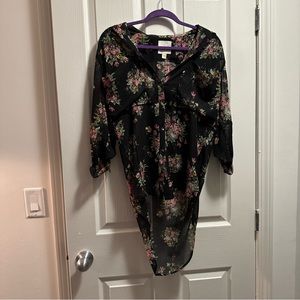 Line & Dot Floral Chiffon Blouse Small Oversized Sheer Button Down Boho